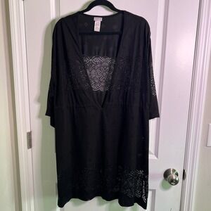 Dotti Black Crochet Lace Trim Kimono Cover Up Dress‎ Plus Size 1X Beach Resort